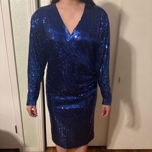 Vintage Royal Blue Sequin evening dress. Long sleeve. Size 14. Stretch.